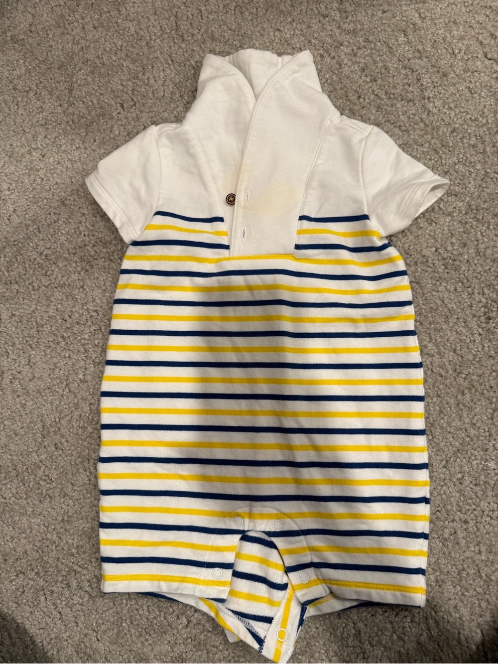 Janie & Jack Striped Short Sleeve Baby Romper in White, Yellow & Navy 3-6 months